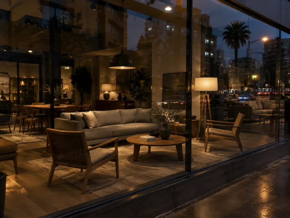 Vitrina de una mueblería iluminada de noche