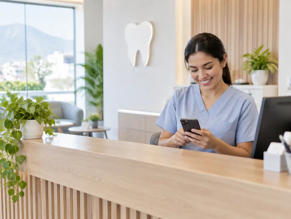 Recepcionista de una clínica dental revisando citas en su celular
