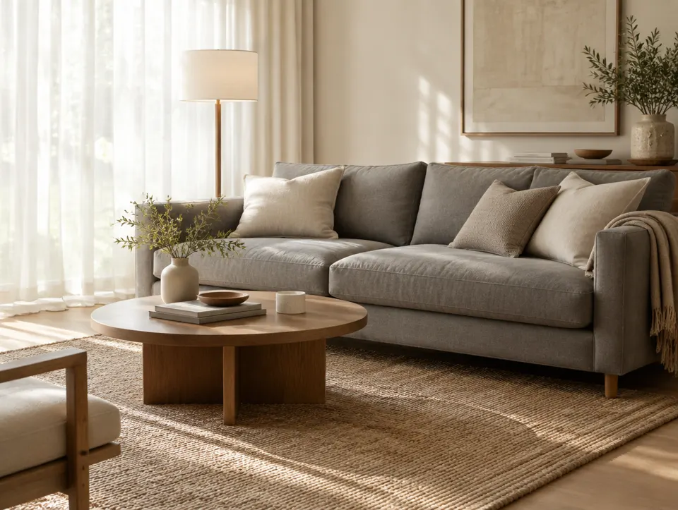 Sala con sofá gris y mesa de roble, lista para un catálogo de muebles